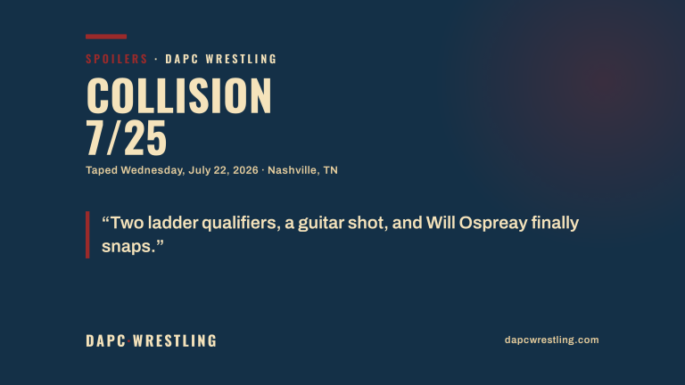 DAPC Wrestling spoilers card for AEW Collision on July 25, 2026, taped July 22 in Nashville