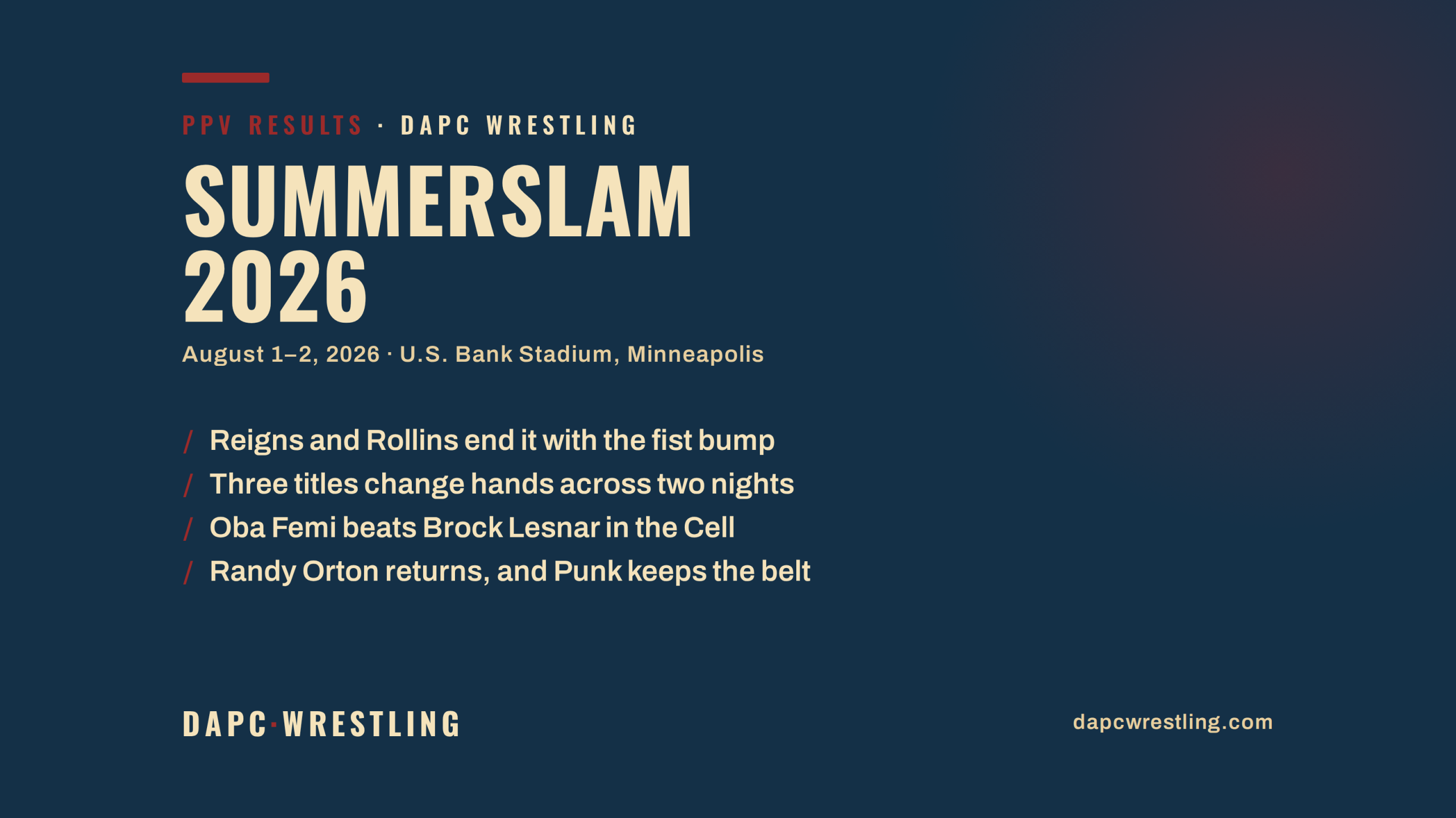 DAPC Wrestling PPV results card for SummerSlam 2026, August 1 and 2, 2026 at U.S. Bank Stadium in Minneapolis